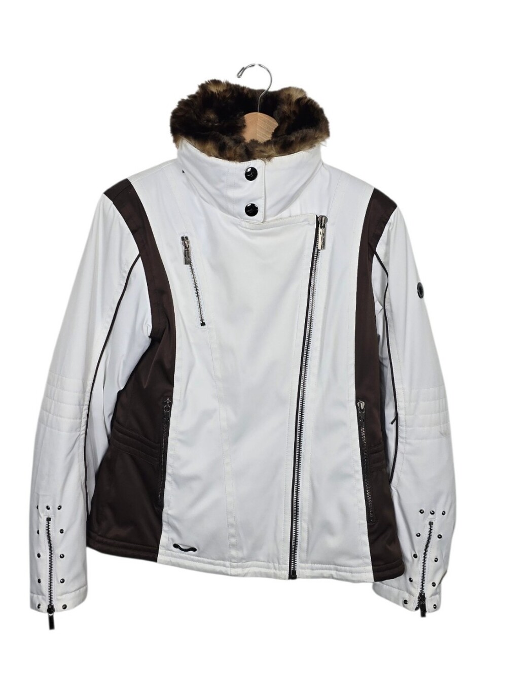Spyder XTL Moto Asymmetrical Zip Faux Fur Ski Jacket White Brown Size 6
